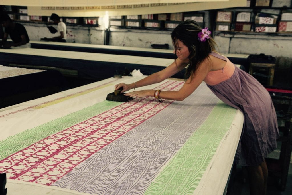 Beshlie works on beautiful scarves in Rajasthan