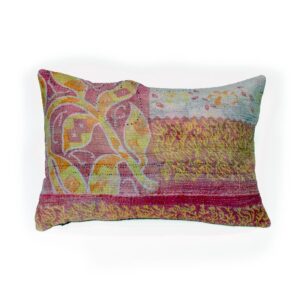 A handcrafted Kantha cushion with a pink and purple fabric cover, featuring intricate yellow and orange floral and leaf. On the back is a purple diamond design embroidery patterns, accented by a textured green and pink border