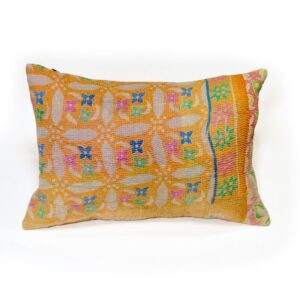 A handcrafted Kantha cushion with an orange fabric cover, featuring intricate multicolored floral embroidery patterns in pink, blue, and green, accented by a colorful border
