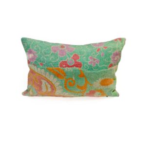 A handcrafted Kantha cushion with a mint fabric cover, featuring vibrant pink, purple, and orange floral and swirling embroidery patterns