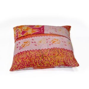 A handcrafted Kantha cushion with a vibrant pink and orange fabric cover, featuring intricate floral and geometric embroidery patterns