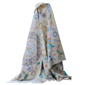 Handmade kantha quilt with pastel floral patterns, intricate hand-stitched embroidery on a multicolored base, crafted from cotton and linen for a cozy, bohemian home decor accent.
