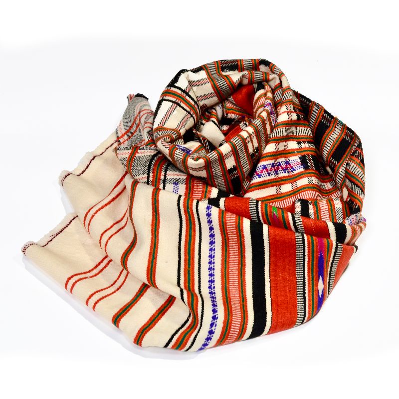 Hand-crafted Khadi Wool Shawl from villages outside Rajasthan, featuring vibrant red, orange, and beige tones with striped and plaid patterns, green, black, and blue geometric accents, ideal as a cozy meditation or peace shawl showcasing traditional craftsmanship.