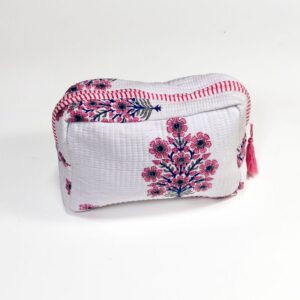 White Floral Block Print Jaipur Cosmetics Bag