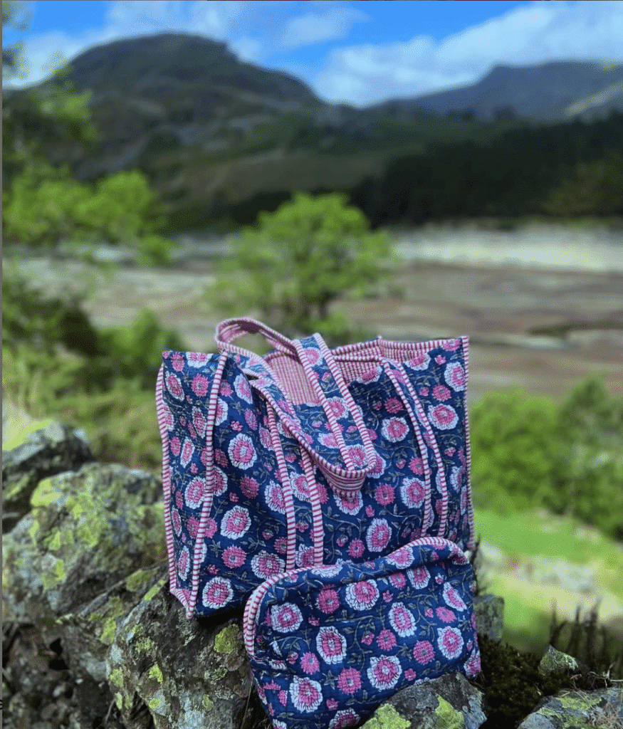 hand block printed bags in navy