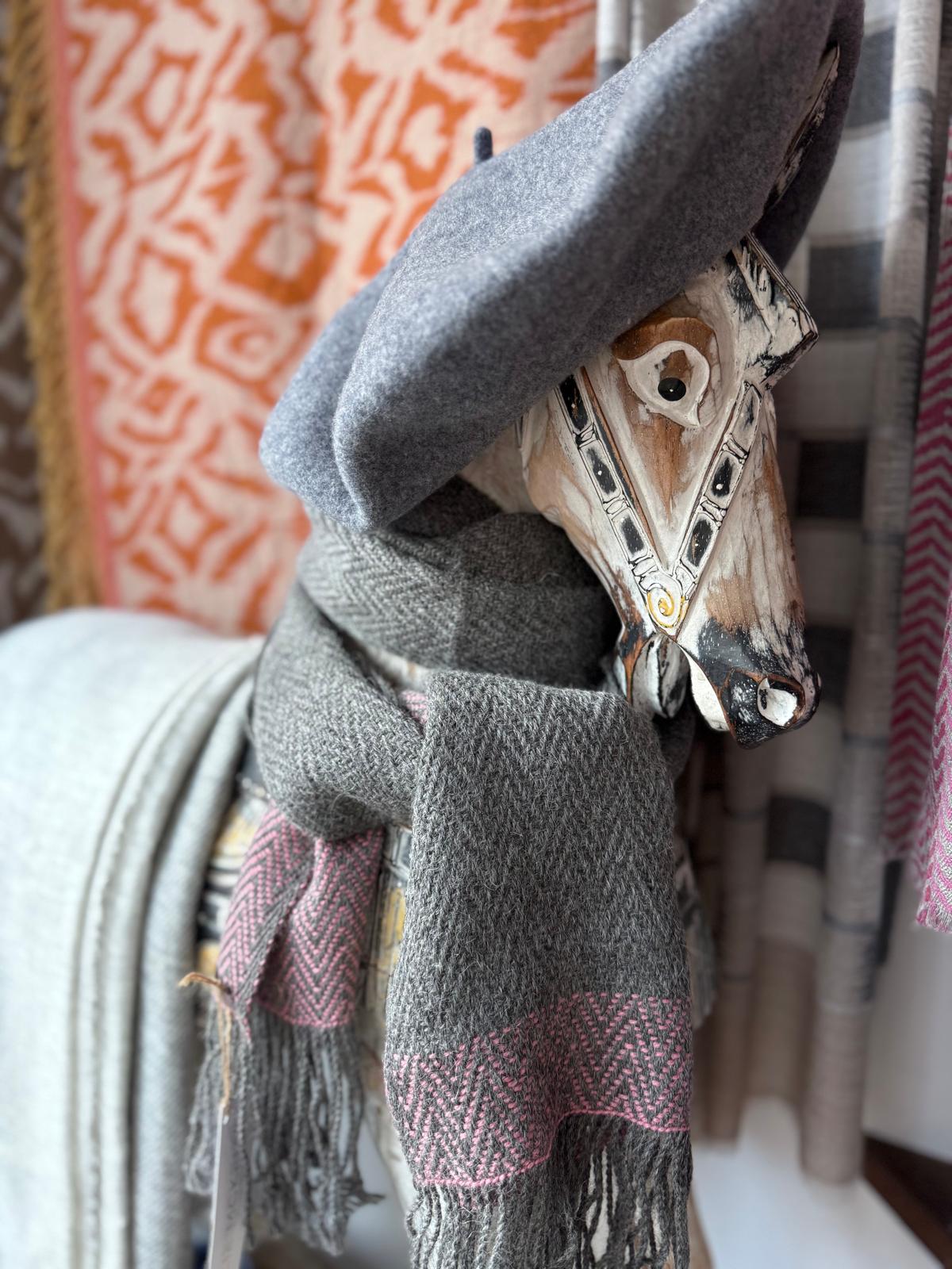indu wooden horse with beret and scarfs