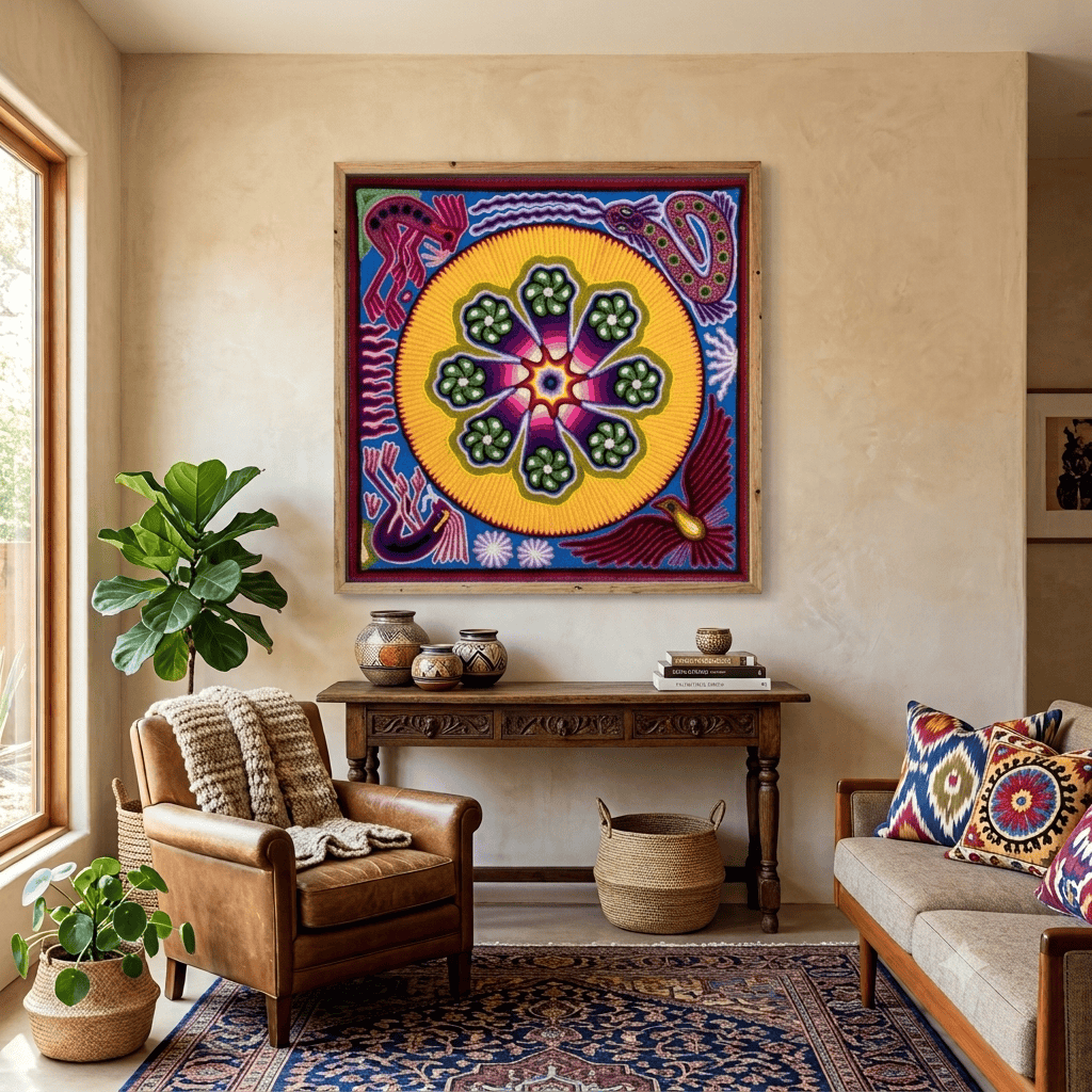 A cozy, bohemian-style living room featuring a large, square, brightly colored yarn painting with a blue background and a central yellow sun motif framed on a warm beige textured wall. Below the artwork sits a dark wood console table styled with ceramic pottery and books, flanked by a tan leather armchair with a knit throw blanket on the left and a neutral sofa with vibrant ikat pillows on the right.