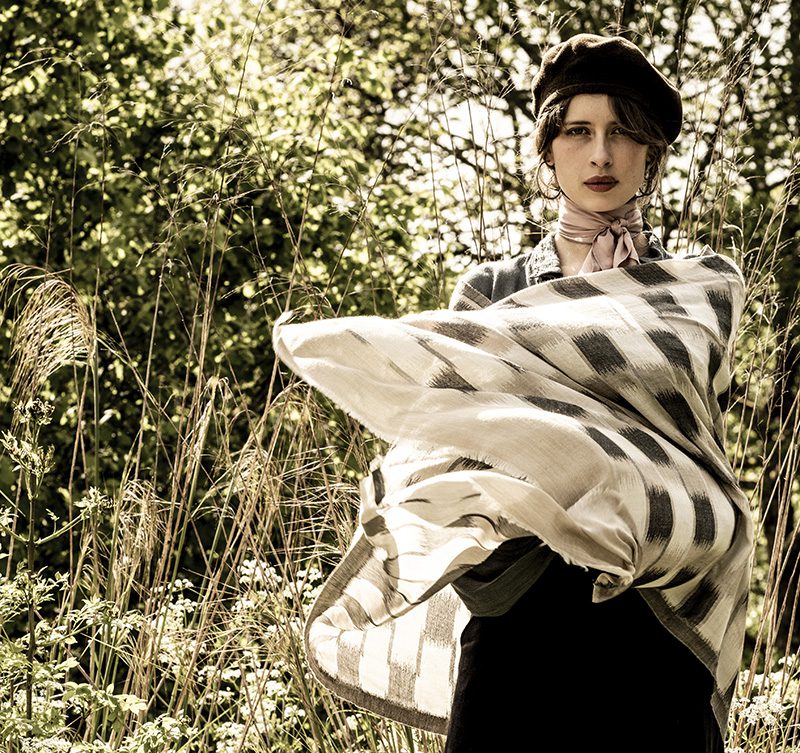 model wearing ikat scarf