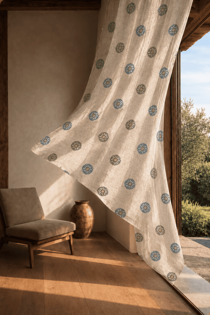 Breezy Mediterranean living room with Ocean Blue medallion block printed linen curtain hanging beside a sunlit terrace.