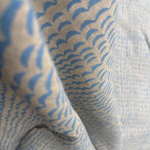 Detailed texture view of Ocean Wave block printed linen with blue crescent wave pattern.