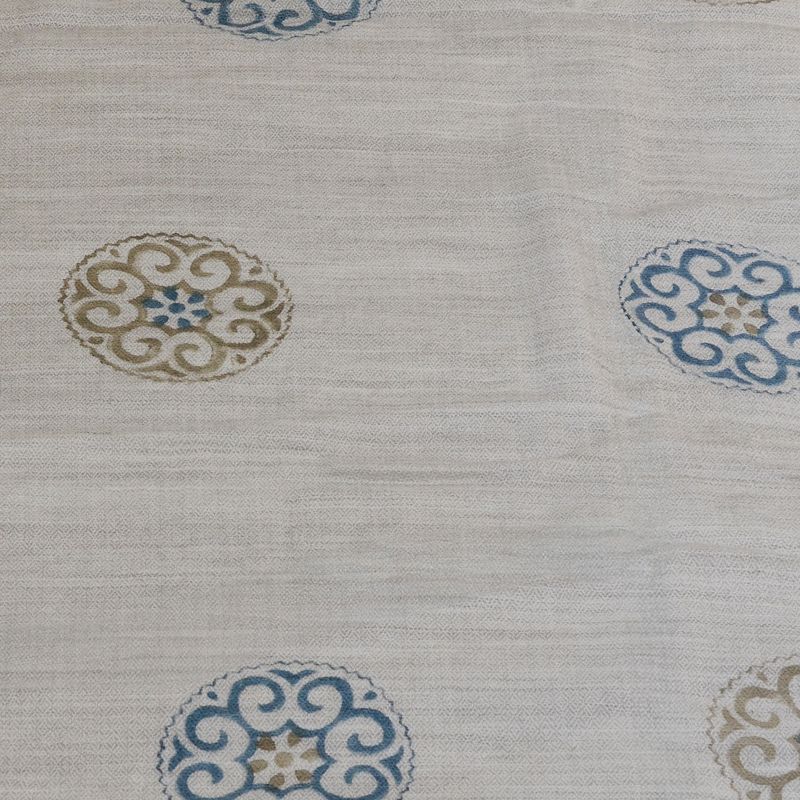 Soft grey pure cashmere scarf featuring hand-block printed blue and gold circular medallion motifs with frayed edges.
