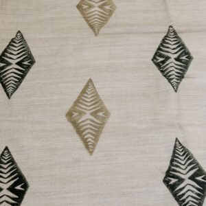 Natural oat cashmere scarf detailed with hand-printed dark green chevron diamond motifs