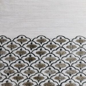 Light grey cashmere wrap with an all-over hand-block printed scalloped arc lattice and gold-bronze floral filling.