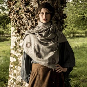 rose and grey mandala block printed cashmere on model